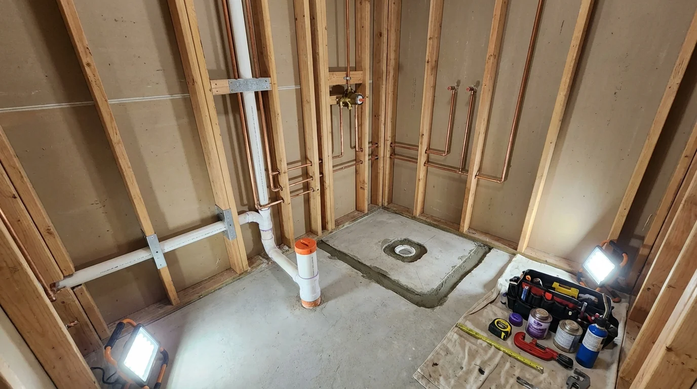 Bathroom rough-in plumbing during remodel by Johns Plumbing LLC in Waterford