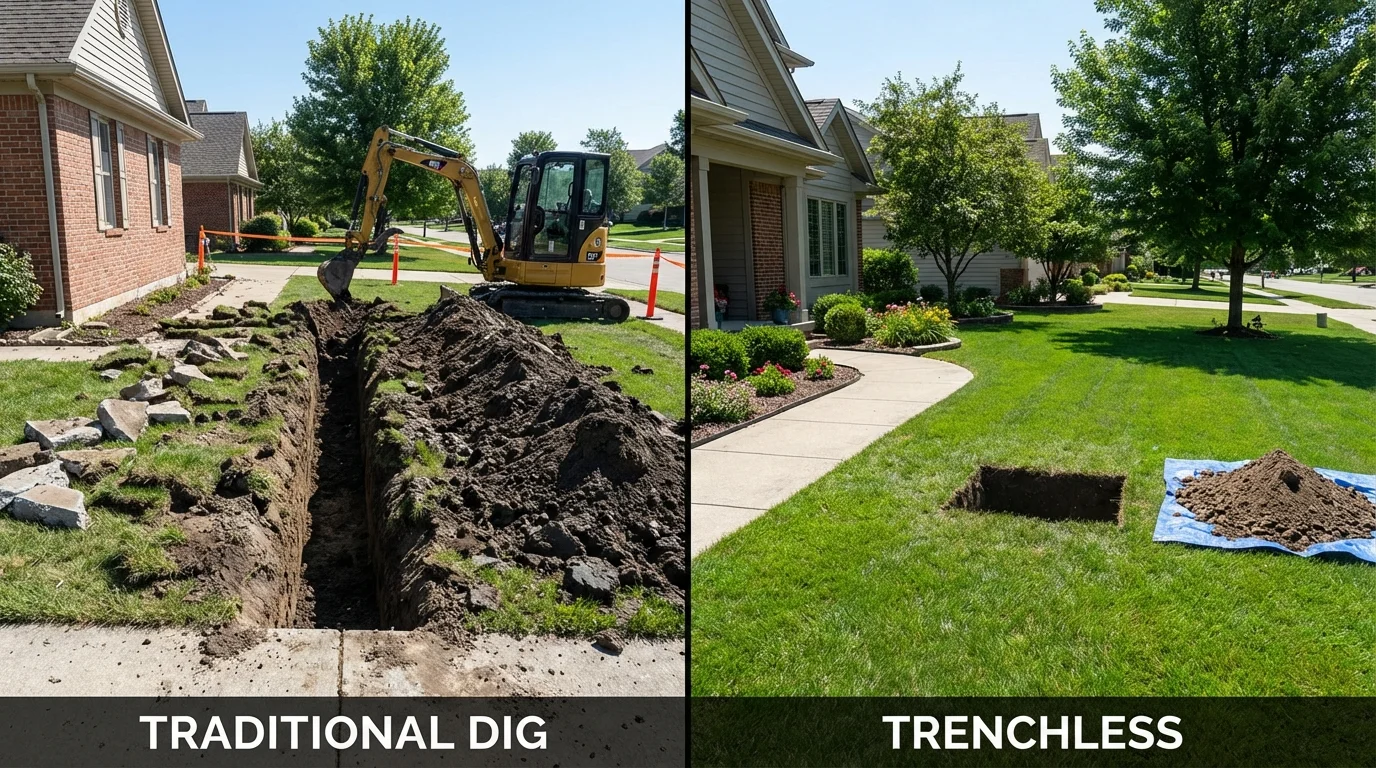 Trenchless sewer repair with minimal yard damage versus traditional excavation in Waterford, PA
