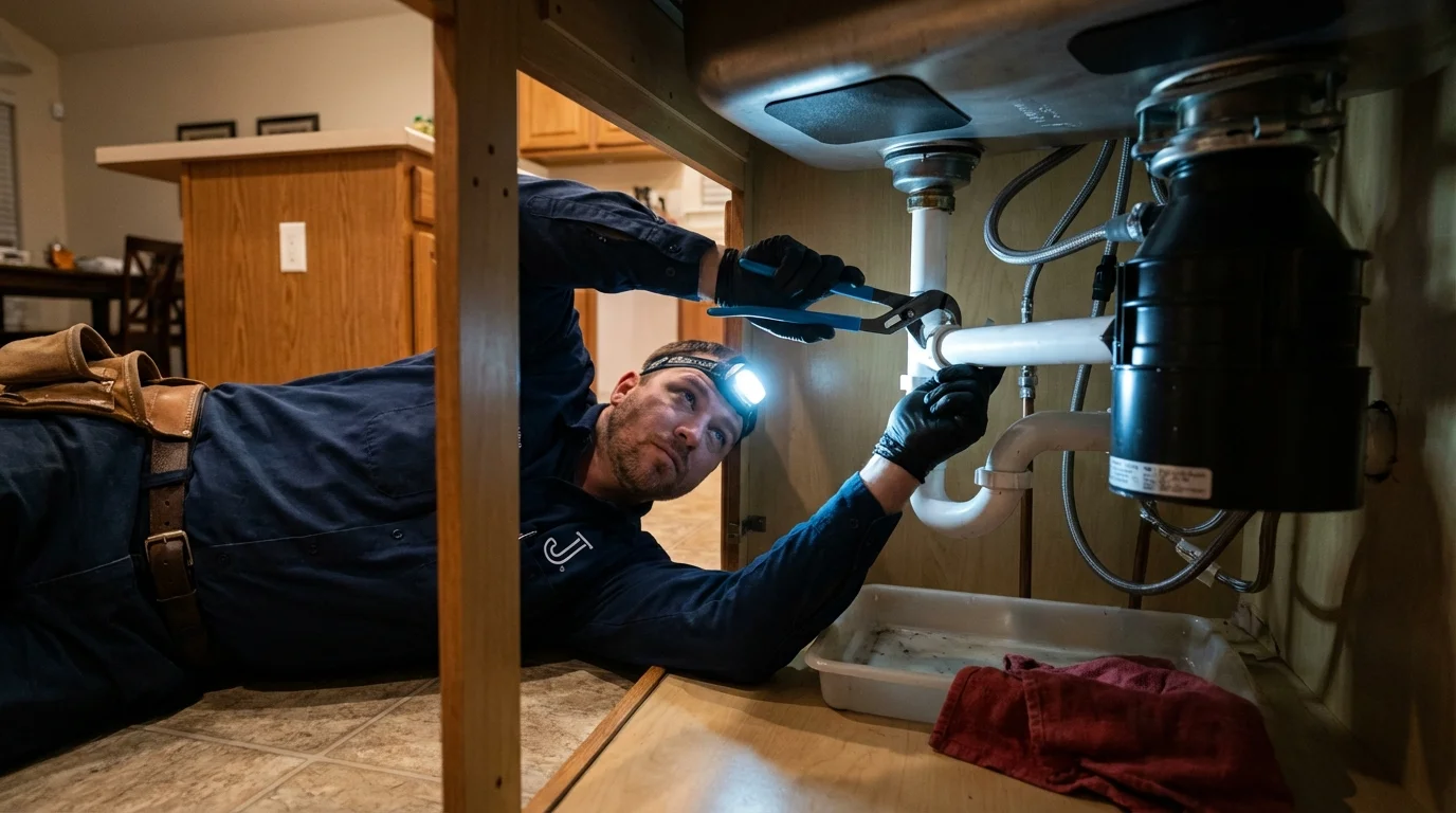 P-trap and supply line connections under a kitchen sink showing a common leak point in Waterford, PA